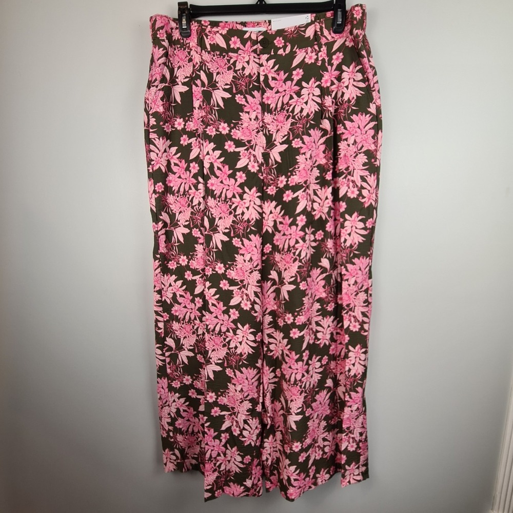 Liz Claiborne Womens High Rise Wide Leg Back Elastic Pants 16 Olive Grove Floral